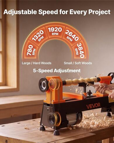 VEVOR Wood Lathe 1/2 HP 10" x 18" Benchtop Wood Lathe Machine 5 Speeds, 780/1320/1920/2640/3840 RPM, with Tool Rest, Wrenches, Feet, Heavy Duty, for Beginners DIY Enthusiasts Woodworking, Woodturning in Kuwait