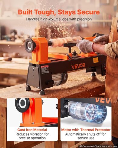 VEVOR Wood Lathe 1/2 HP 10" x 18" Benchtop Wood Lathe Machine 5 Speeds, 780/1320/1920/2640/3840 RPM, with Tool Rest, Wrenches, Feet, Heavy Duty, for Beginners DIY Enthusiasts Woodworking, Woodturning in Kuwait
