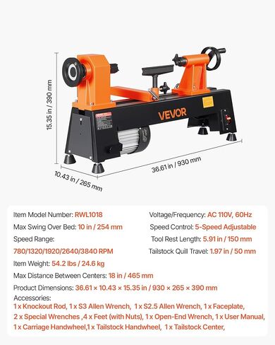 VEVOR Wood Lathe 1/2 HP 10" x 18" Benchtop Wood Lathe Machine 5 Speeds, 780/1320/1920/2640/3840 RPM, with Tool Rest, Wrenches, Feet, Heavy Duty, for Beginners DIY Enthusiasts Woodworking, Woodturning in Kuwait