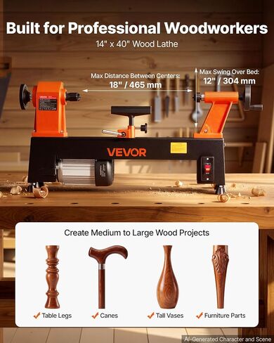 VEVOR Wood Lathe 3/4 HP 12" x 18" Benchtop Wood Lathe Machine 5 Speeds, 780/1320/1920/2640/3840 RPM, with Tool Rest, Wrenches, Faceplate, Heavy Duty, for Beginner Professional Woodworking, Woodturning in Kuwait