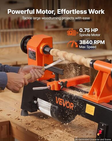 VEVOR Wood Lathe 3/4 HP 12" x 18" Benchtop Wood Lathe Machine 5 Speeds, 780/1320/1920/2640/3840 RPM, with Tool Rest, Wrenches, Faceplate, Heavy Duty, for Beginner Professional Woodworking, Woodturning in Kuwait