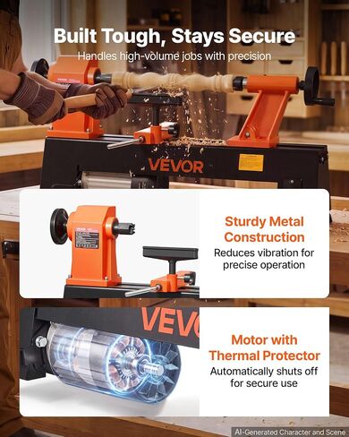 VEVOR Wood Lathe 3/4 HP 12" x 18" Benchtop Wood Lathe Machine 5 Speeds, 780/1320/1920/2640/3840 RPM, with Tool Rest, Wrenches, Faceplate, Heavy Duty, for Beginner Professional Woodworking, Woodturning in Kuwait