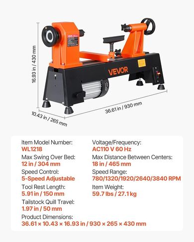 VEVOR Wood Lathe 3/4 HP 12" x 18" Benchtop Wood Lathe Machine 5 Speeds, 780/1320/1920/2640/3840 RPM, with Tool Rest, Wrenches, Faceplate, Heavy Duty, for Beginner Professional Woodworking, Woodturning in Kuwait