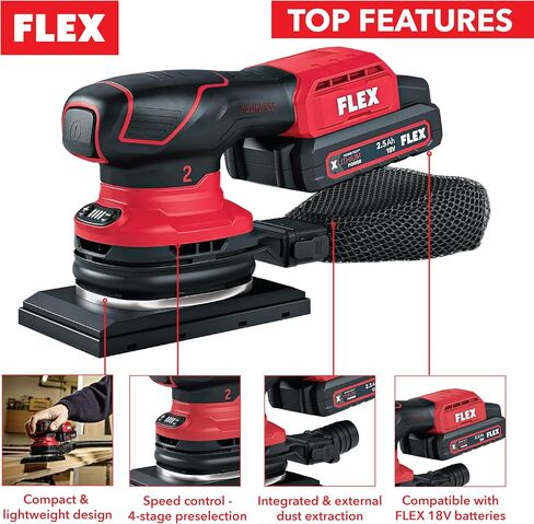 FLEX - Sheet Sander - Brushless 18V Cordless Orbital 1/3, with Speed Control OSE 2-80 18V Sander, Base Size 133x80 mm, Body Only - 532084 - One Handed & Integrated Dust Extractor - Work Tools in Kuwait