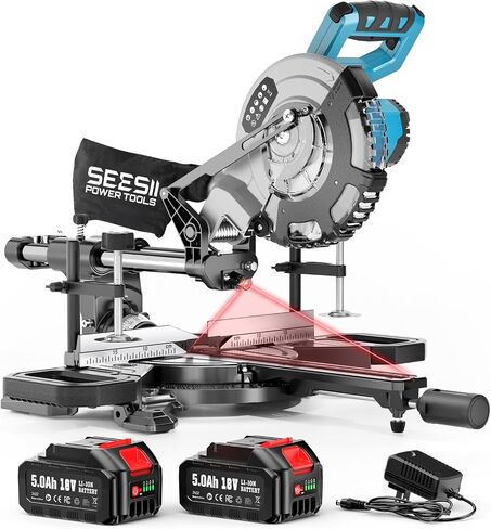 SEESII 8-Inch Sliding Compound Miter Saw: Cordless Power Miter Saw with Laser Guide, 2 * 5000 mAh Batteries, Single Bevel 45°, 24T TCT Blade, Max Cut 2.5×12-inch, Ideal for DIY & Woodworking in Kuwait