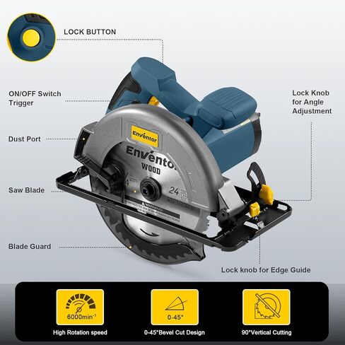 Enventor Circular Saw Corded, 11A Electric Circular Saws 7-1/4-Inch with 24T Blade Saw, Max Cutting Depth 2-7/16"(90°), 1-8/9"(0°-45°), Single Handed Bevel, 6,000RPM in Kuwait