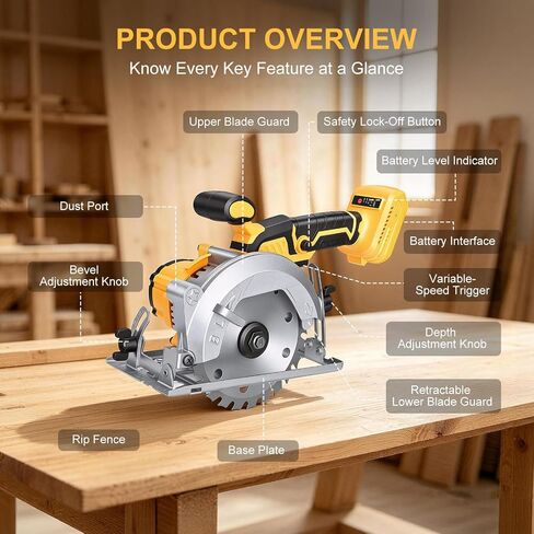 5.5-Inch Cordless Circular Saw Compatible with DeWalt 20V Battery (Tool Only, No Battery), 7200 RPM Brushless Power Saw, 0-45° Bevel, 1.7" Max Cutting Depth for Wood, Plastic & PVC in Kuwait