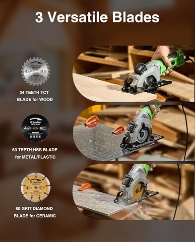 TaskStar Mini Circular Saw with Laser Guide: 4.8A 4000RPM Compact Corded Power Cutter, 4-1/2 in Electric Hand Tool with Rip Fence, 3 Blades for Wood, Soft Metal, Tile, Plastic Cutting in Kuwait