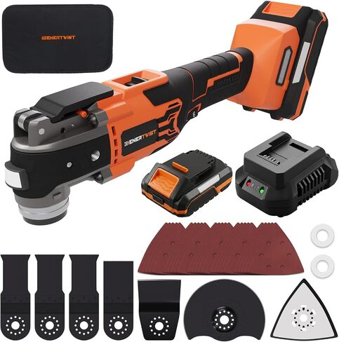 ENERTWIST Cordless Oscillating Tool, 20V Battery, 3° Oscillation Angle | 6 Variable Speed, Brushless, LED Light, Charger, 34 PCS Saw Accessories, Carry Bag, Compatible with DEWALT 18V/20V Battery in Kuwait