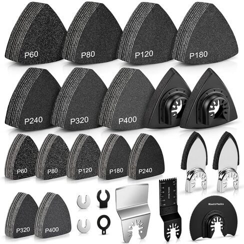 148Pcs Wet Dry Oscillating Tool Sanding Pad Kit | Multi Tool Triangle & Finger Detail Sandpaper Attachment for Wood Plaster, Compatible with Dewalt, Milwaukee, Ryobi in Kuwait
