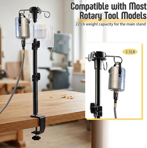 Rotary Tool Hanger Stand, Telescopic Flex Shaft Mount with Table Clamp | Compatible with Foredom, Dremel, Grobet Tool, Adjustable Height 15.7" to 33.5", 4 Metal Hooks, Aluminum Alloy in Kuwait