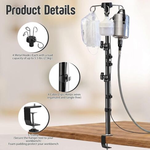 Rotary Tool Hanger Stand, Telescopic Flex Shaft Mount with Table Clamp | Compatible with Foredom, Dremel, Grobet Tool, Adjustable Height 15.7" to 33.5", 4 Metal Hooks, Aluminum Alloy in Kuwait