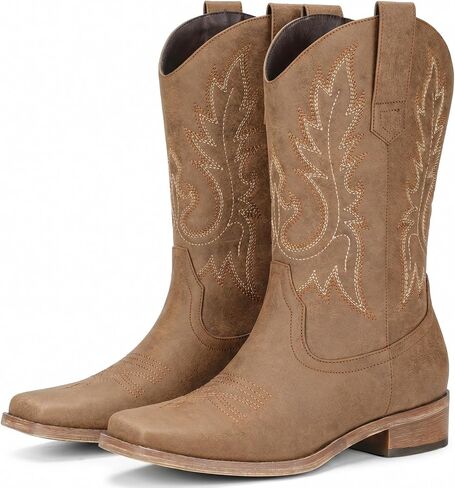 Pasuot Square Toe Cowboy Boots for Women - Mid Calf Western Cowgirl Boots | Classic Embroidery, Low Chunky Heel, Pull On Tabs, Rodeo Country Concert Music Festival Dance Party Wedding & Casual Outfits in Kuwait