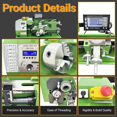 8"x16" Metal Lathe Precision Benchtop Lathe with Digital Readout 0.005mm, Variable Speed 50-2500rpm, Auto Feed & Electronic Gear Change for Small Workshop/DIY/Teaching/Repair 110V in Kuwait