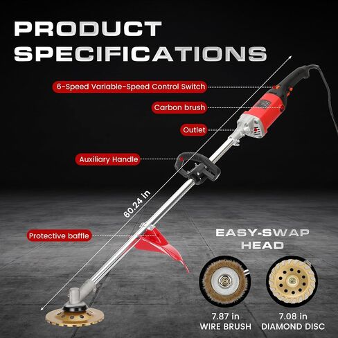 Electric Concrete Grinder & Polisher, 110V 6-Speed Heavy Duty Floor Grinder for Concrete, Cement & Wall Grinding, Rust, Paint & Coating Removal, 180mm Diamond Disc & 200mm Wire Brush in Kuwait