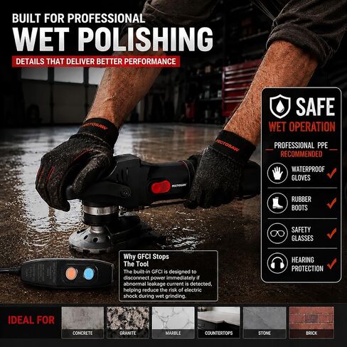Professional Wet Concrete Polisher, High-Torque 1100W Variable Speed Water-Fed Wet Grinder with Diamond Cup Wheel & 7PCS Pads for Granite, Marble & Countertop Restoration in Kuwait