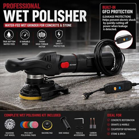Professional Wet Concrete Polisher, High-Torque 1100W Variable Speed Water-Fed Wet Grinder with Diamond Cup Wheel & 7PCS Pads for Granite, Marble & Countertop Restoration in Kuwait