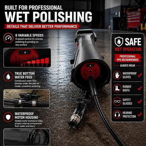 Professional Wet Concrete Polisher, High-Torque 1100W Variable Speed Water-Fed Wet Grinder with Diamond Cup Wheel & 7PCS Pads for Granite, Marble & Countertop Restoration in Kuwait