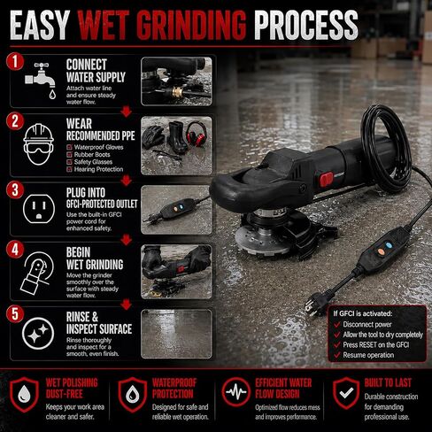 Professional Wet Concrete Polisher, High-Torque 1100W Variable Speed Water-Fed Wet Grinder with Diamond Cup Wheel & 7PCS Pads for Granite, Marble & Countertop Restoration in Kuwait
