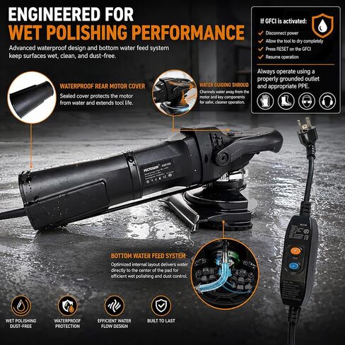 Professional Wet Concrete Polisher, High-Torque 1100W Variable Speed Water-Fed Wet Grinder with Diamond Cup Wheel & 7PCS Pads for Granite, Marble & Countertop Restoration in Kuwait