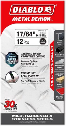 Diablo Metal Demon Drill Bit with Thermal Shield Protective Coating for Mild, Hardened and Stainless Steel - 4.3" Length, 17/64" Dia., 3-Flats Shank - DMD1764JB in Kuwait