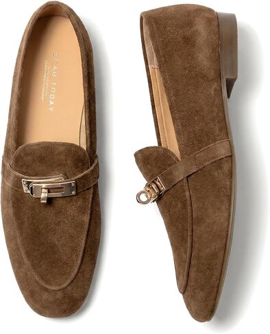 BEAU TODAY Women's Suede Leather Loafers, Metal Buckle Slip-On Dress Flats | Slip-on low heel flats with leather lining, leather-covered footbed, rubber outsole, and office-to-weekend styling. in Kuwait