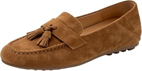 Women's Leather Tassel Moccasin Loafers Comfortable Driving Shoes Classic Slip-On Flats for Women - Chestnut Brown/Oatmeal in Kuwait