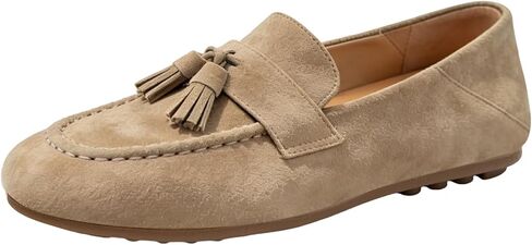 Women's Leather Tassel Moccasin Loafers Comfortable Driving Shoes Classic Slip-On Flats for Women - Chestnut Brown/Oatmeal in Kuwait