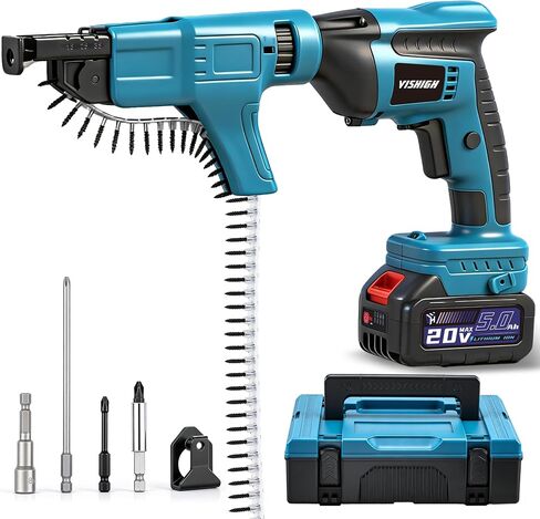 VISHIGH Cordless Drywall Collated Screw Gun with Auto-feed Attachment, Battery-powered Sheetrock Magazine Screwdriver, PH bit with 20V 5Ah Battery and Charger, incl. 100 pcs Collated Screws in Kuwait
