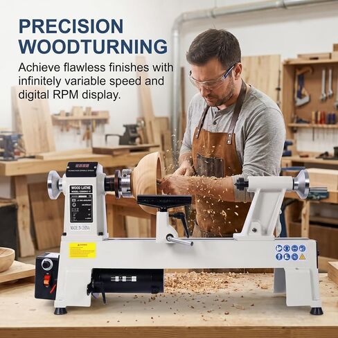 12 x 18 Inch Benchtop Wood Lathe Machine, 3/4 HP Corded Electric Woodturning Lathe with Infinitely Variable Speed 650-3800 RPM, Digital RPM Display, Adjustable Tailstock, Steel, Gray in Kuwait