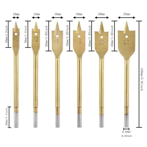 6PCS Titanium Coated Carbon Steel Spade Drill Bits 3/8-inch Woodworking Flat Head Drill Bits Hole Saws Woodworking Specialized Suitable for DIY Home Improvement and Repairs in Kuwait