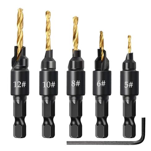 5 PCS Countersink Drill Bit Set, #5#6#8#10#12 High-Speed Steel Countersink Drill Bit, 82-Degree Chamfer, Depth Adjustable, 1/4 Inch Hex Shank for Woodworking Plastic Metal-Silver in Kuwait