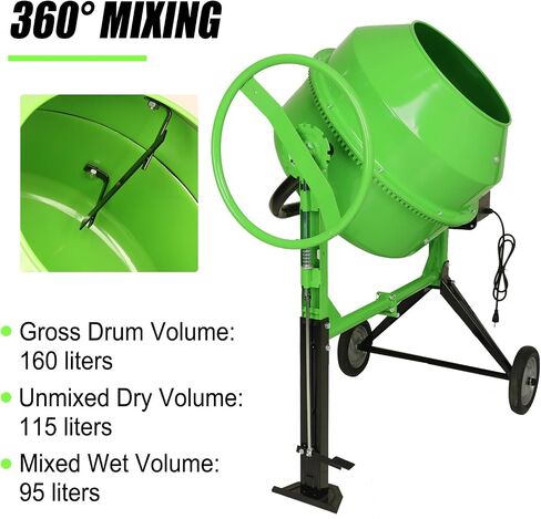 Electric Concrete Mixer 5.7 Cu Ft 160L Power Cement Mixer 650W Wheelbarrow Mixing Machine with Stand And Wheels for Stucco, Mortar, Seed in Kuwait