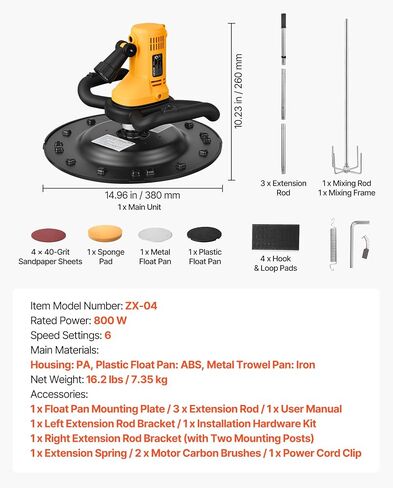 VEVOR Electric Power Trowel, 800W Concrete Finishing Machine Corded with Mixing Rod, 6-Speed Adjustable 120–200 RPM, Steel & Plastic Trowel Discs, Extension Handle, Floor Smoothing Cement Finisher in Kuwait