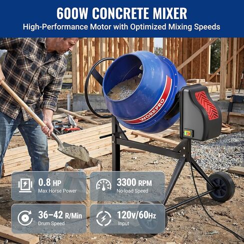 WORKPRO 4.6 Cu.Ft. Electric Cement Mixer, 600W 0.8HP Portable Concrete Mixer with Wheels & Stand Steel for Stucco, Mortar & Seeds in Kuwait