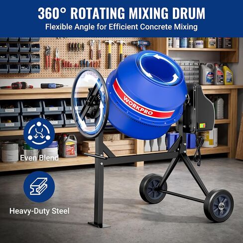 WORKPRO 4.6 Cu.Ft. Electric Cement Mixer, 600W 0.8HP Portable Concrete Mixer with Wheels & Stand Steel for Stucco, Mortar & Seeds in Kuwait