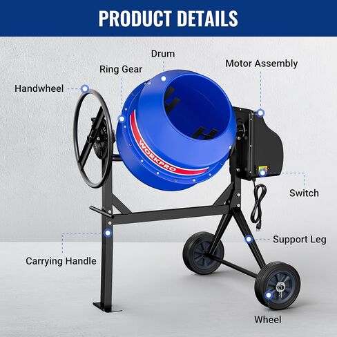 WORKPRO 4.6 Cu.Ft. Electric Cement Mixer, 600W 0.8HP Portable Concrete Mixer with Wheels & Stand Steel for Stucco, Mortar & Seeds in Kuwait