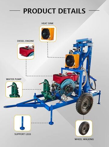 Wheel Type Water Well Drilling Rig Portable Hydraulic Borehole Drill 120m | Portable Borehole Drill for Farms and Homes, Fast Hole Forming, Large Torque Hydraulic Power, Easy To Move in Kuwait