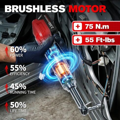 3/8" Electric Ratchet Wrench Cordless 21V, 55 Ft-lbs Brushless Ratchet Wrenches with Extension Bar, Adapter, 7 Sockets, LED Light, 70 N.M High Torque Ratchet Tool Set with 2 Batteries & Charger in Kuwait