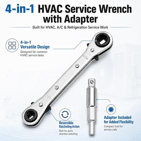 4-in-1 HVAC Service Wrench with Adapter for A/C Mini Split Repair Work | Reversible Ratcheting Service Valve Tool for Refrigeration, 3/16", 1/4", 5/16", 3/8" Square Openings in Kuwait