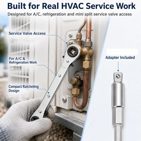 4-in-1 HVAC Service Wrench with Adapter for A/C Mini Split Repair Work | Reversible Ratcheting Service Valve Tool for Refrigeration, 3/16", 1/4", 5/16", 3/8" Square Openings in Kuwait