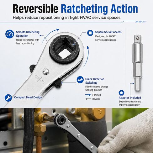 4-in-1 HVAC Service Wrench with Adapter for A/C Mini Split Repair Work | Reversible Ratcheting Service Valve Tool for Refrigeration, 3/16", 1/4", 5/16", 3/8" Square Openings in Kuwait