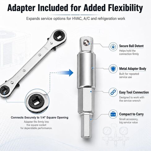 4-in-1 HVAC Service Wrench with Adapter for A/C Mini Split Repair Work | Reversible Ratcheting Service Valve Tool for Refrigeration, 3/16", 1/4", 5/16", 3/8" Square Openings in Kuwait