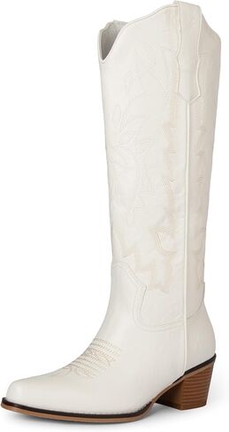 AIUNIIND Cowboy Boots for Women, Pointed Toe Chunky Heel Cowgirl Boots | 2.16 Inch Chunky Block Low Heel Boots, Knee High Western Tall Boots, Comfy for Concert, Festival in Kuwait