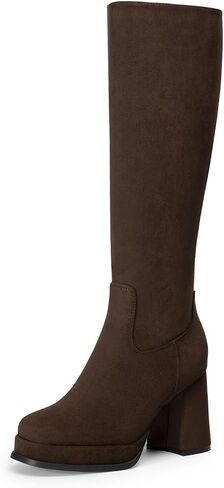 Athlefit Platform Knee High Boots Women Square Toe Chunky Heel Fall Boots | 3.35 Inch Chunky Heel, Pu/Suede Upper, 5mm Cushioned Insole Support, Non Slip, Durable TPR Outsole, Daily, Office, Shopping in Kuwait