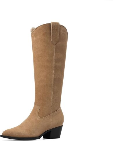 DREAM PAIRS Suede Knee High Chunky Boots for Women | 30 Percent Genuine Leather, 2" Chunky Heel, Pointed Toe Retro Western Style, Easy Pull-on, 5mm PU Foam Insole, Slip-resistant in Kuwait