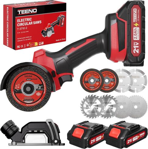 TEENO 21V Cordless Cut Off Tool, 3-Inch Brushless Mini Circular Saw with Depth Guide & Dust Port, 20,000 RPM Compact Power Saw Kit with Two 2.0Ah Batteries & 8 Blades for Metal, Wood, Tile in Kuwait