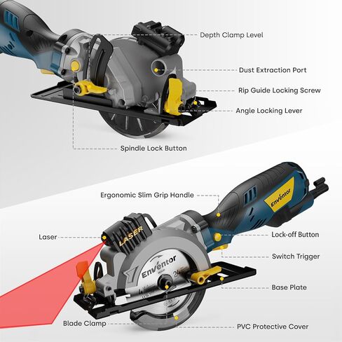 Enventor Mini Circular Saw, 5.8A 4-1/2" Electric Circular Saws with 6 Saw Blades, Laser Guide, 3,500RPM Max Cutting Depth 1-11/16"(90°), 1-1/8"(45°) for Soft Metal, Wood, Tile Cutting in Kuwait