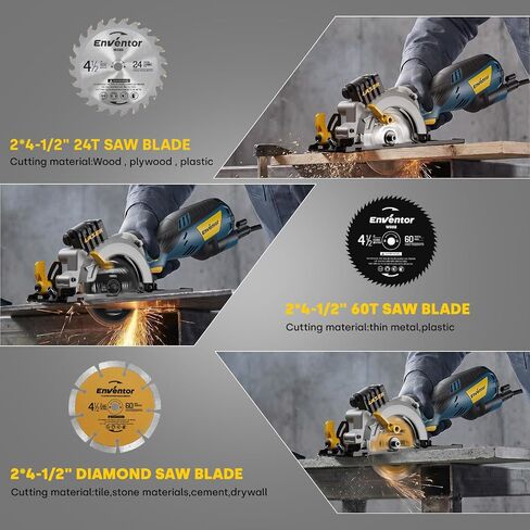 Enventor Mini Circular Saw, 5.8A 4-1/2" Electric Circular Saws with 6 Saw Blades, Laser Guide, 3,500RPM Max Cutting Depth 1-11/16"(90°), 1-1/8"(45°) for Soft Metal, Wood, Tile Cutting in Kuwait