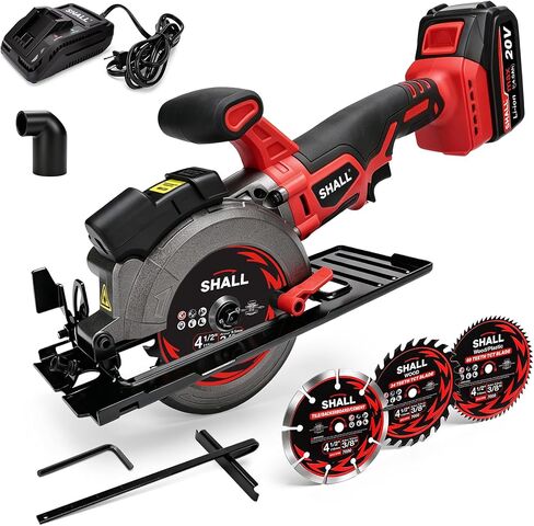 SHALL 20V Cordless Mini Circular Saw, 4-1/2’’ 4000RPM Power Circular Saw with 4.0Ah Battery, Laser Guide, 3 Saw Blades Max Cutting Depth 1-11/16" (90°), 1-1/8" (45°) for Wood, Tile, Plastic in Kuwait